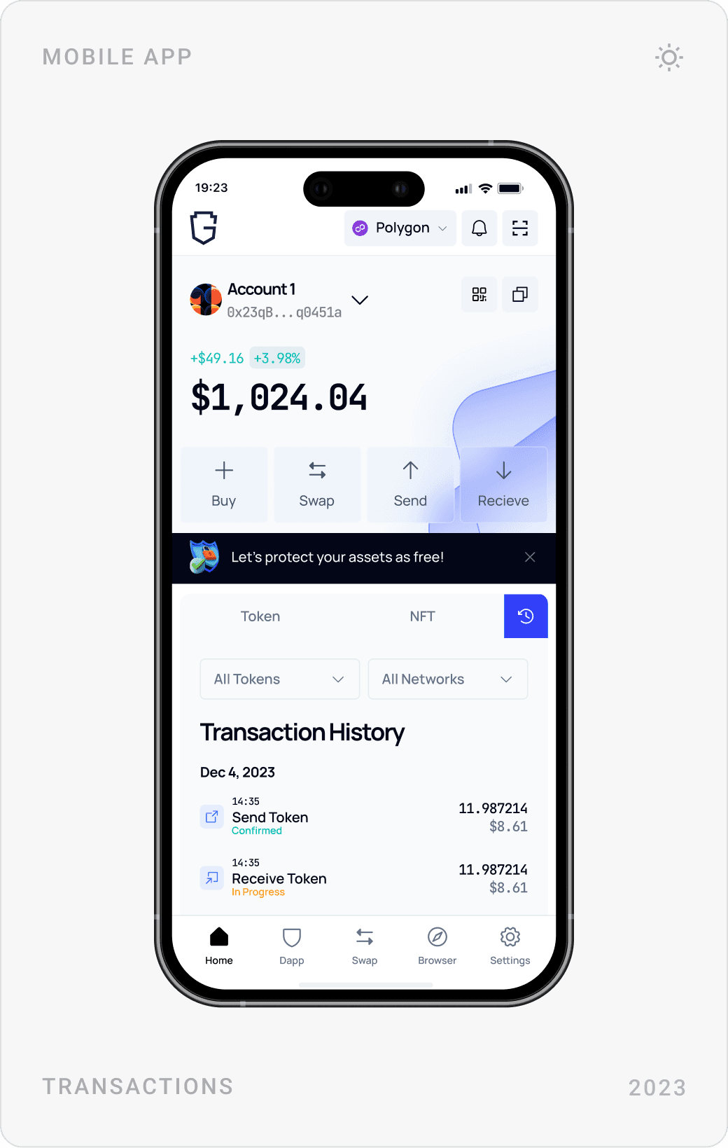 Transaction history screen, Enter Password screen with warning and keypad, and Show Private Key screen