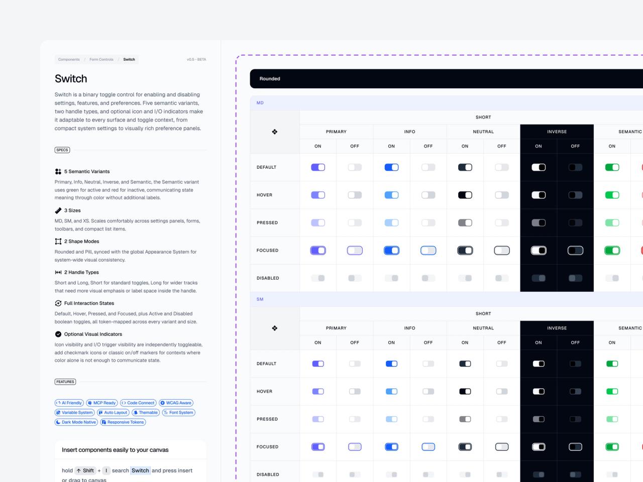 Checkbox and Switch variant matrices in Figma: primary, neutral, inverse, danger, success and info across every interaction state