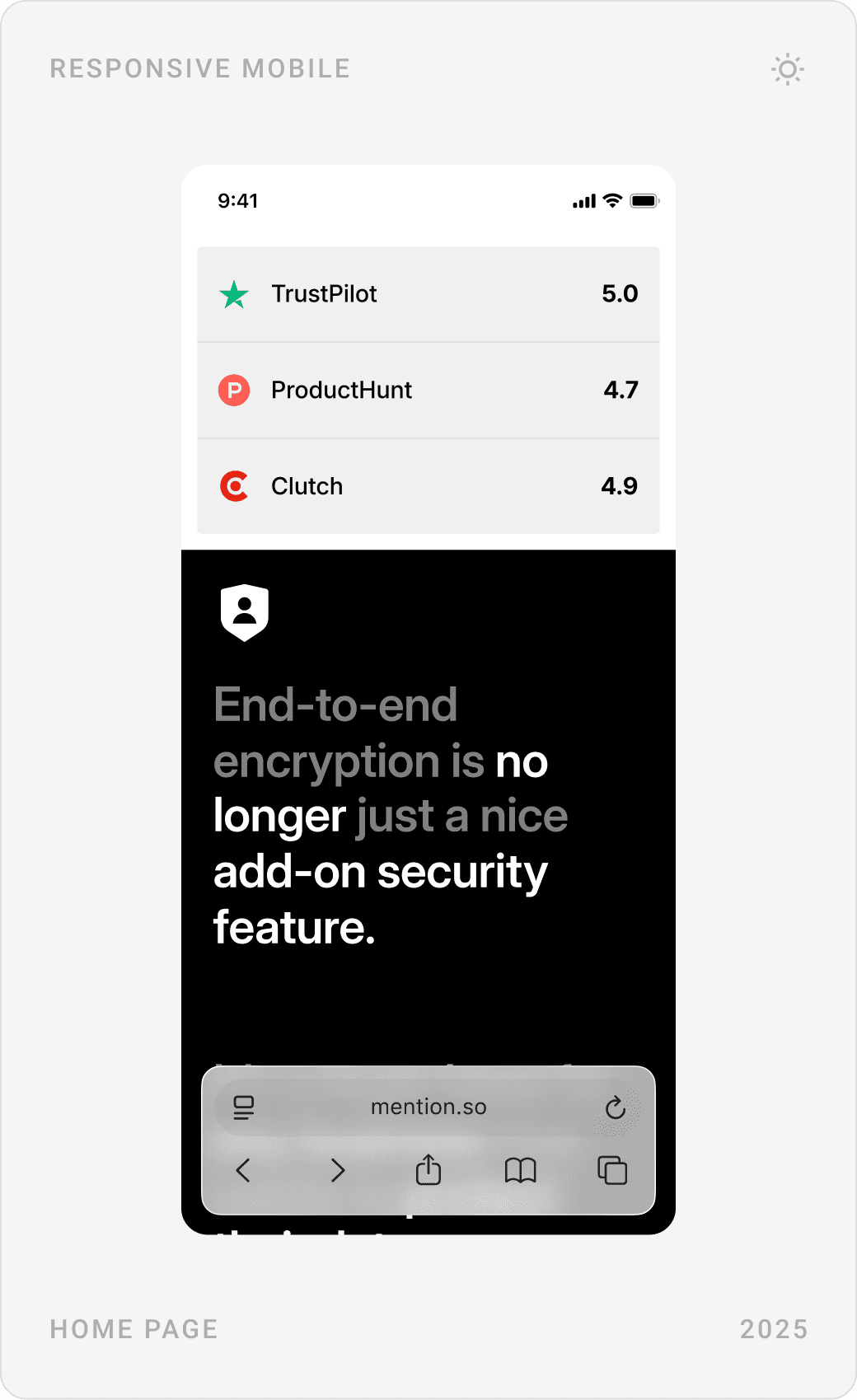 Mobile ratings list, encryption statement, breach statistic cards and the “Built for critical infrastructure” section with a security badge