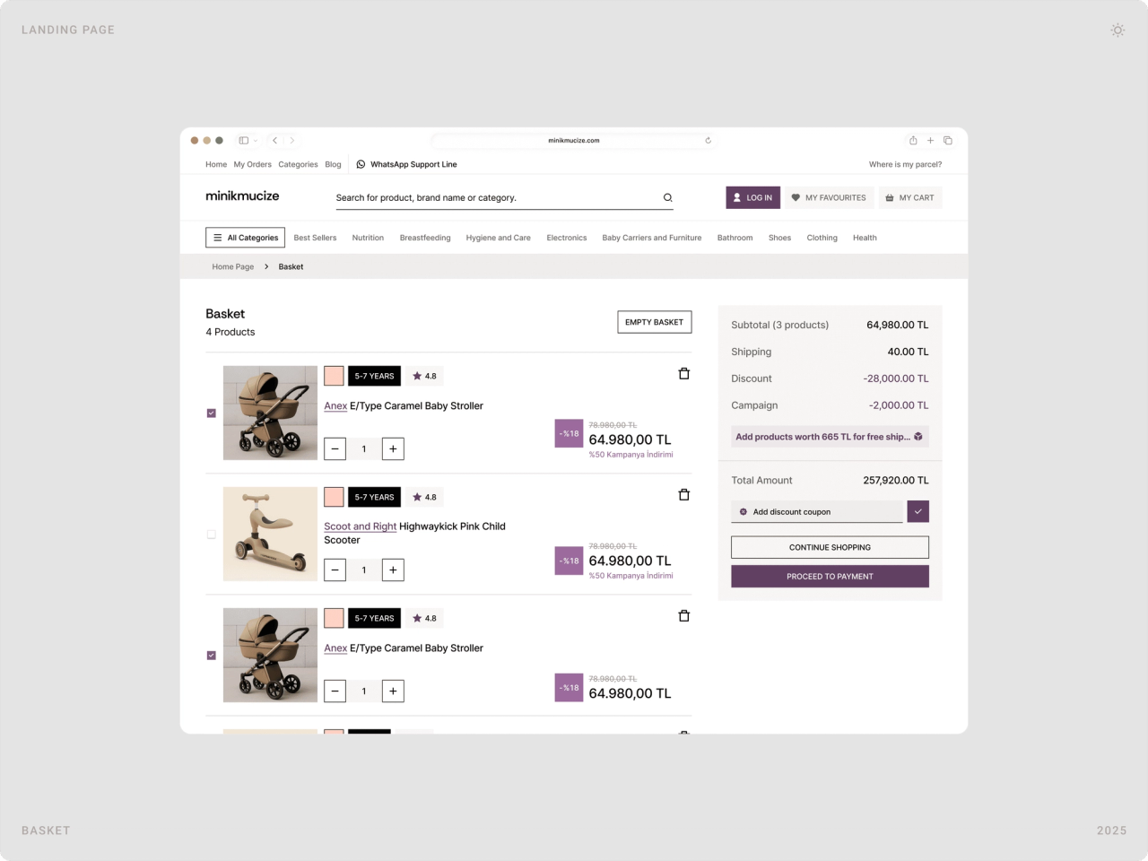 Desktop basket with four products, quantity controls and an order summary showing shipping, discount and coupon