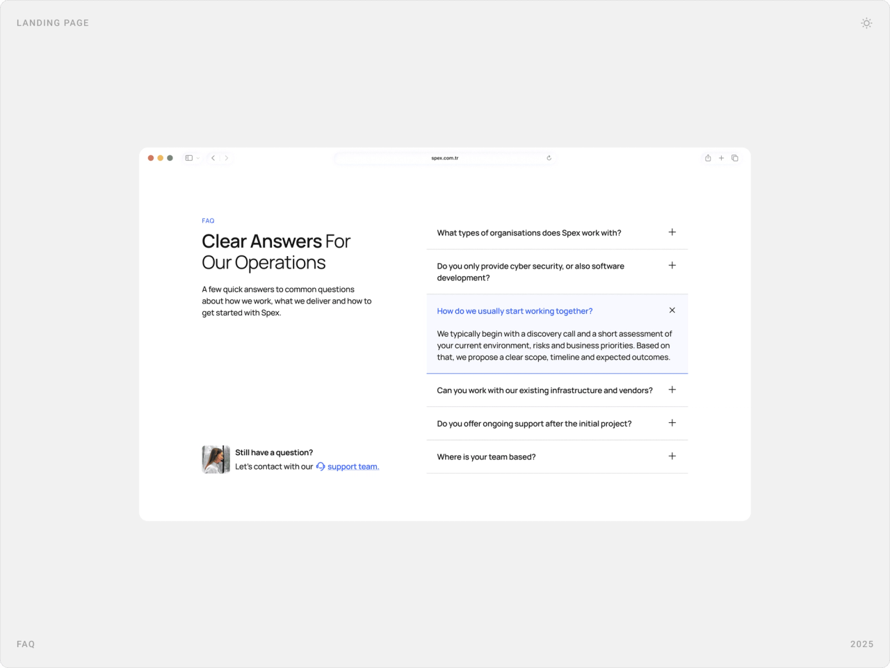“Clear Answers For Our Operations” FAQ with an expanded answer and a “Still have a question?” support link