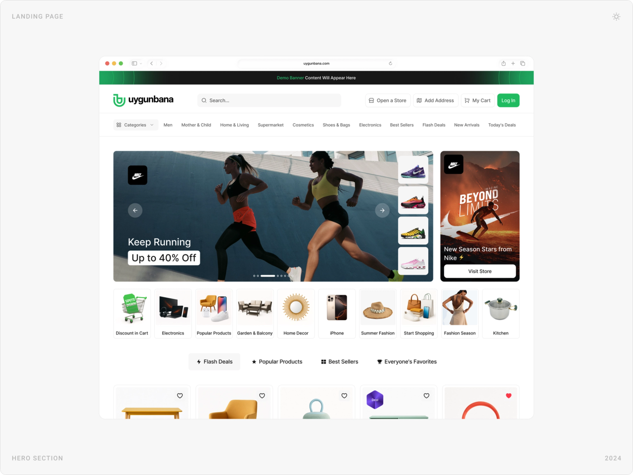 Uygunbana homepage on desktop with a running campaign banner, category icons and today's deals