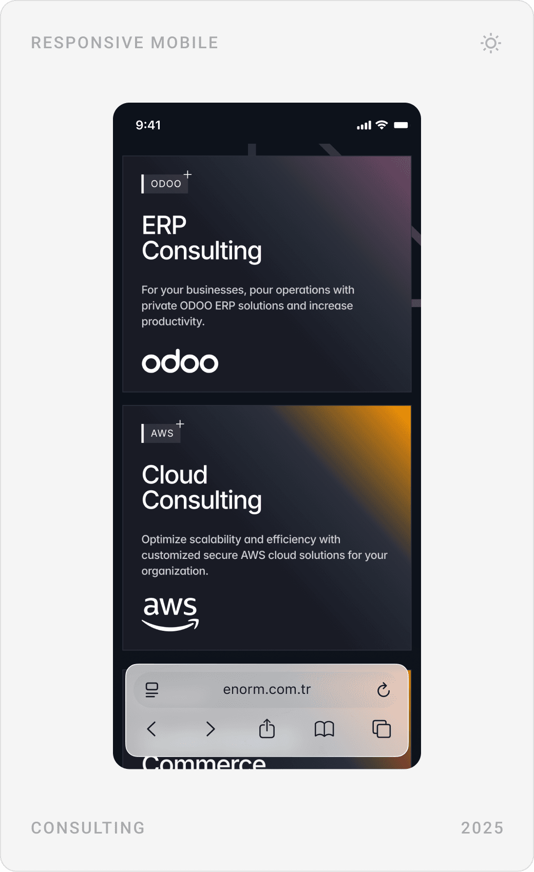Mobile hardware section, “Corporate Consultancy and Special Solutions” and ERP and cloud consulting cards with Odoo and AWS