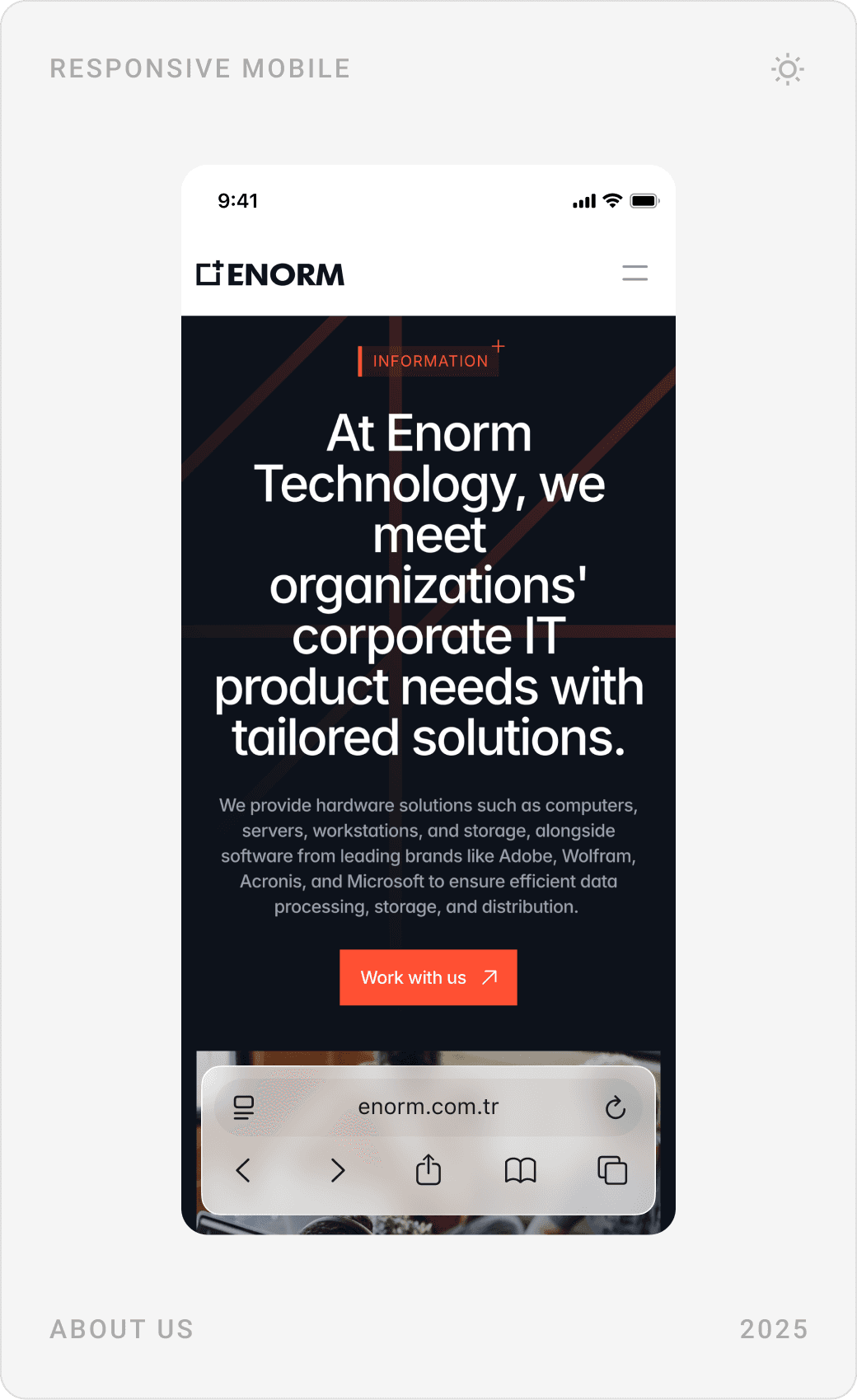 Mobile about page: “At Enorm Technology, we meet organizations’ corporate IT product needs”, team photos and company text
