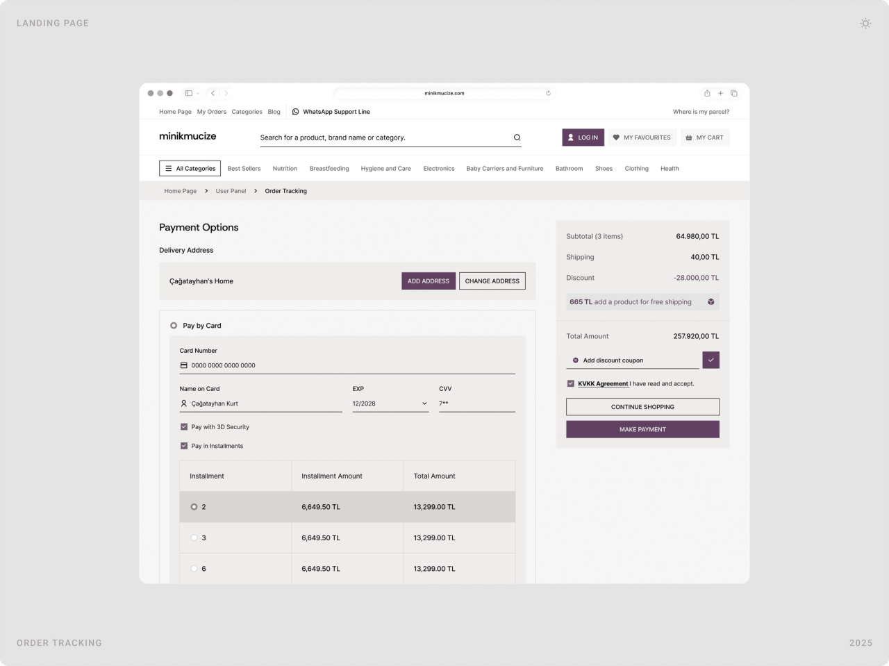 Payment options page with delivery address, card form, 3D Secure and an instalment table next to the order summary