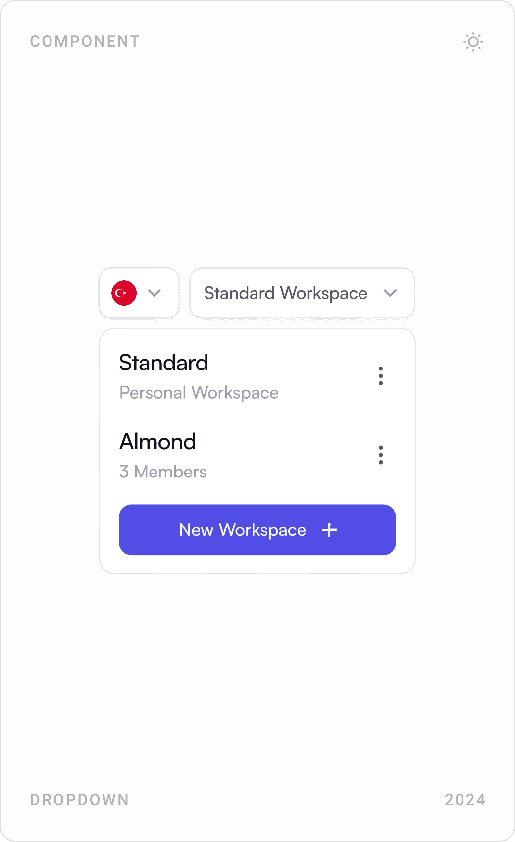Dashboard components: sort dropdown, collapsed icon sidebar and workspace switcher with a “New Workspace” button