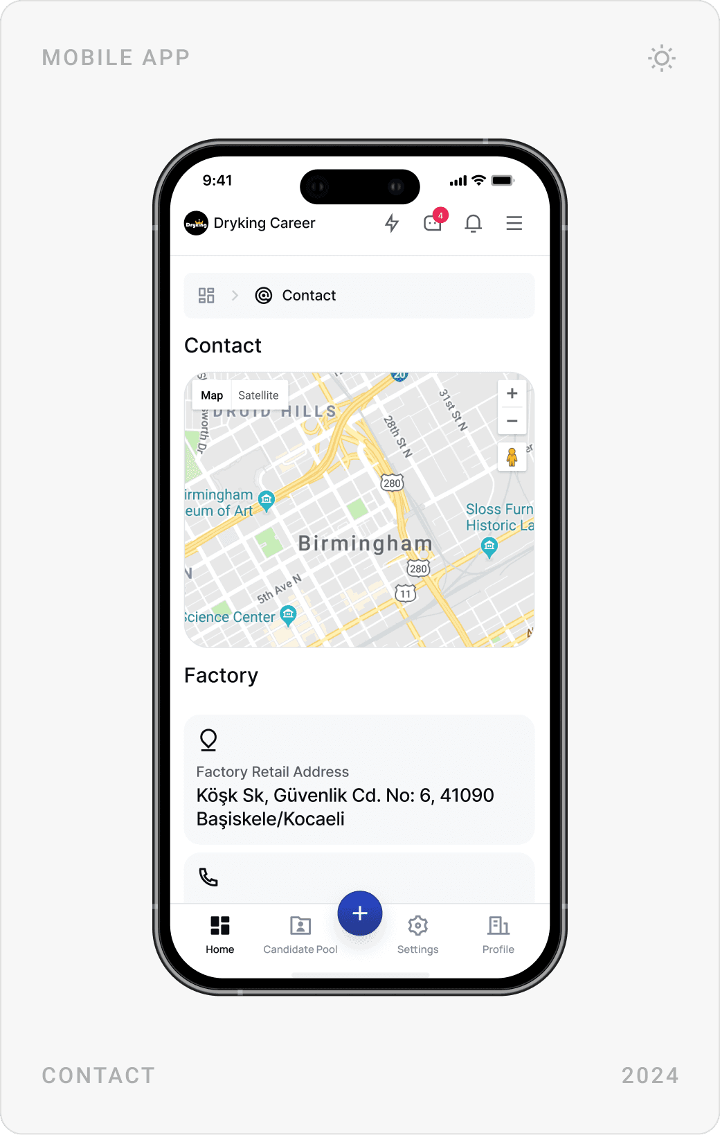 Mobile contact page with map and address, About Us page, and User Agreement text page