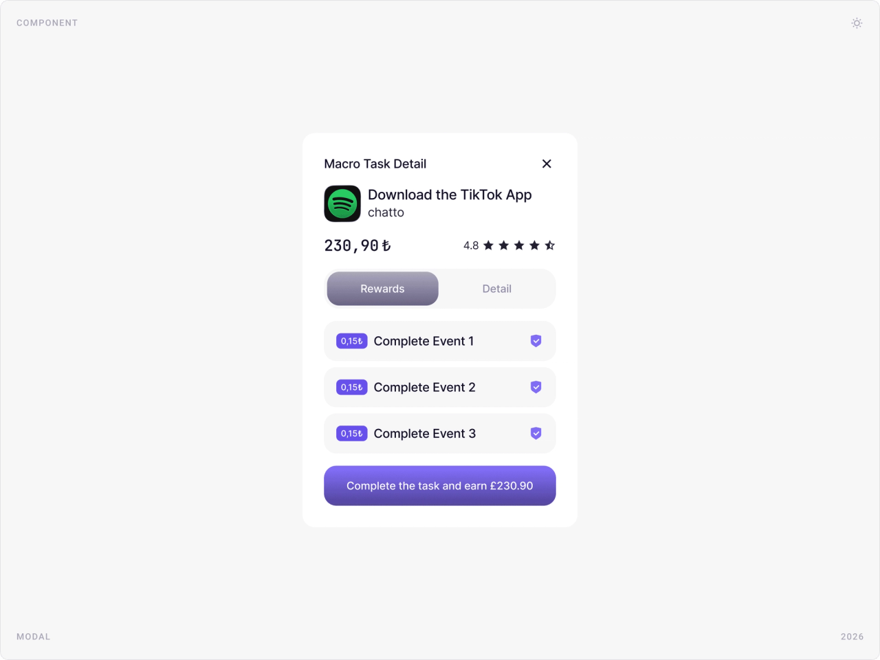 Macro task detail modal for downloading an app, with rating, payout, Rewards and Detail tabs and three events to complete