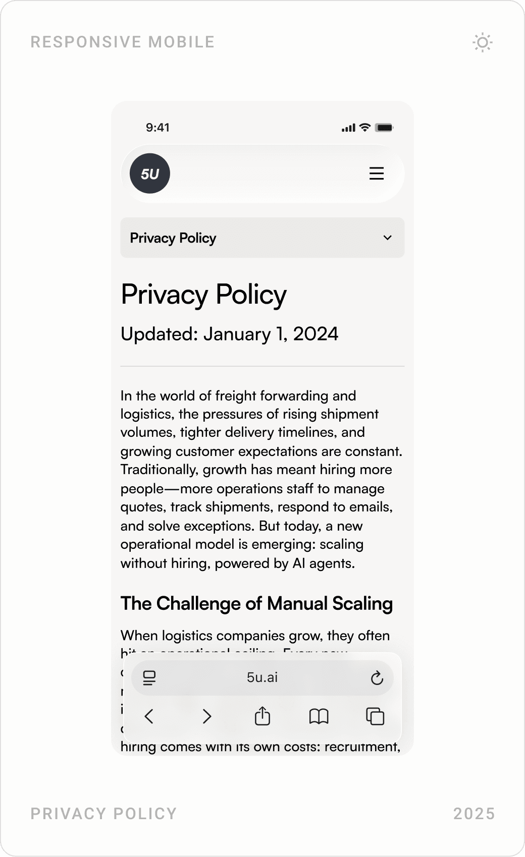 Mobile navigation menu, workflow builder and privacy policy page