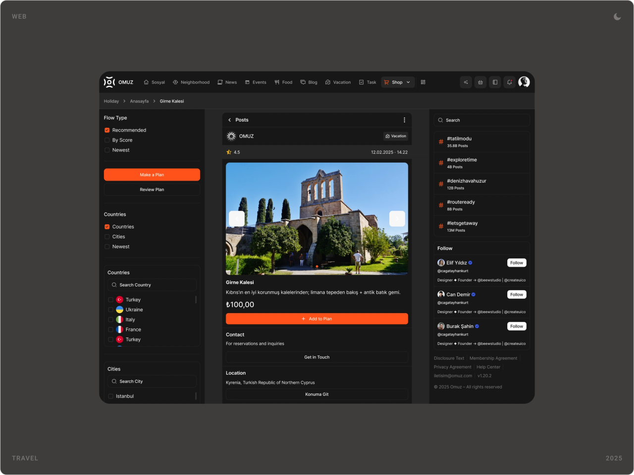 Omuz website in dark mode showing a travel attraction, Kyrenia Castle, with price, location and an add-to-plan button