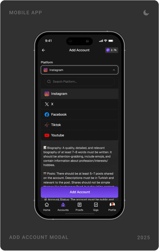 Add Account screen with Instagram and account rules, a platform picker modal, and a list of linked accounts with status tags