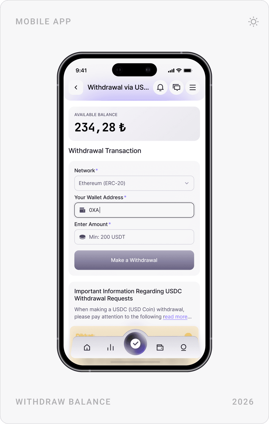 Bank withdrawal form with account holder, IBAN and amount, USDC withdrawal form with network and wallet address, and a live support chat