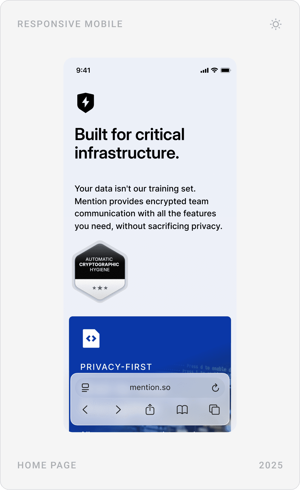 Mobile ratings list, encryption statement, breach statistic cards and the “Built for critical infrastructure” section with a security badge