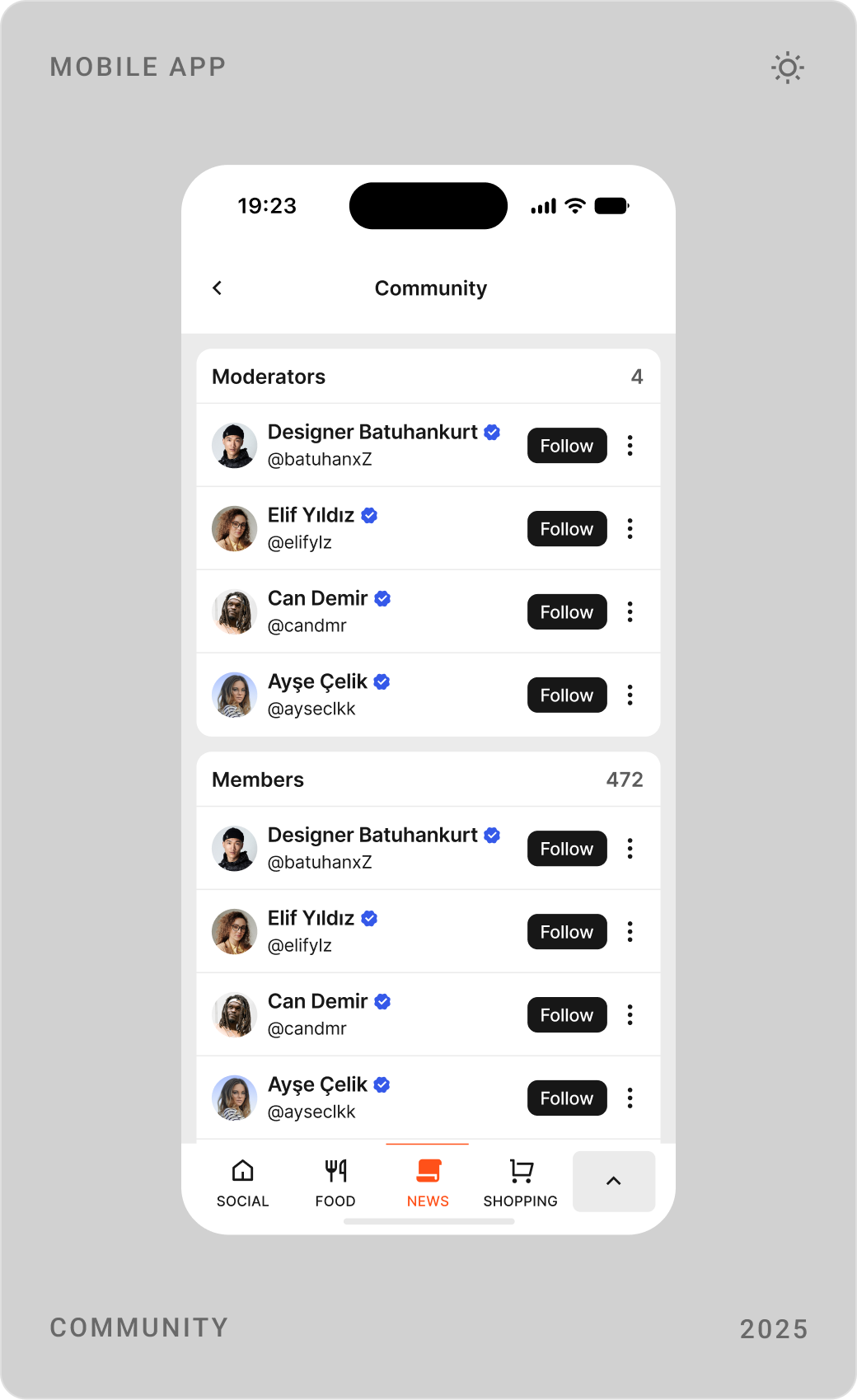 Community page for a UI/UX community, its moderators and members list, and a feedback screen