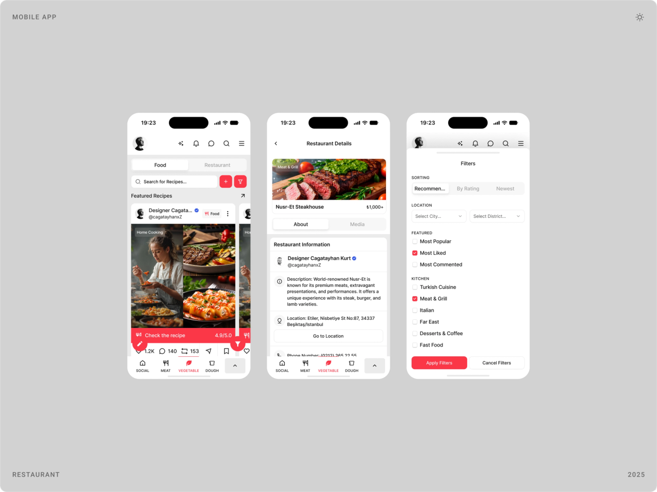 Restaurant screens: a feed of featured restaurants, a restaurant detail page and restaurant filters