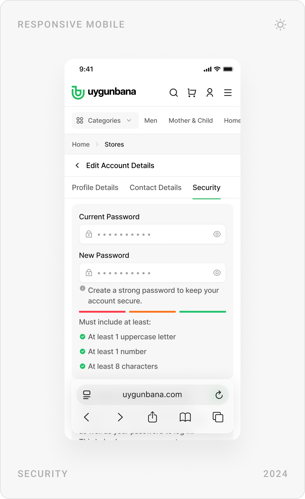 Mobile account menu, security settings with password rules, and favourites