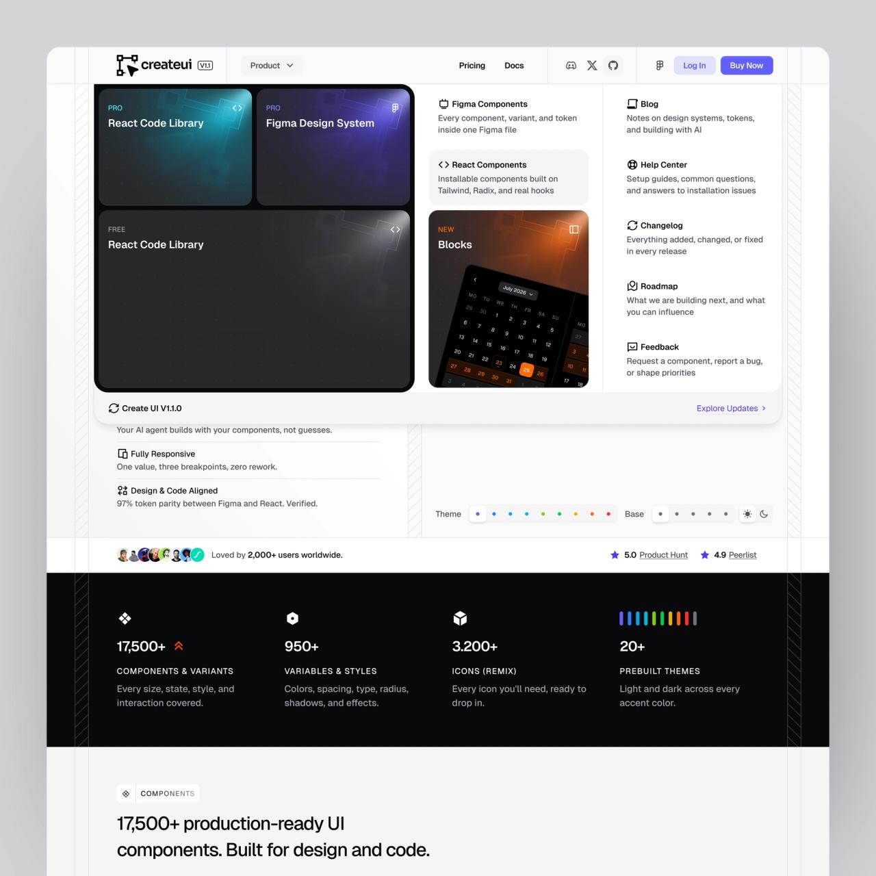 Create UI website with product cards for the React library, Figma design system and blocks, and a dark stats band