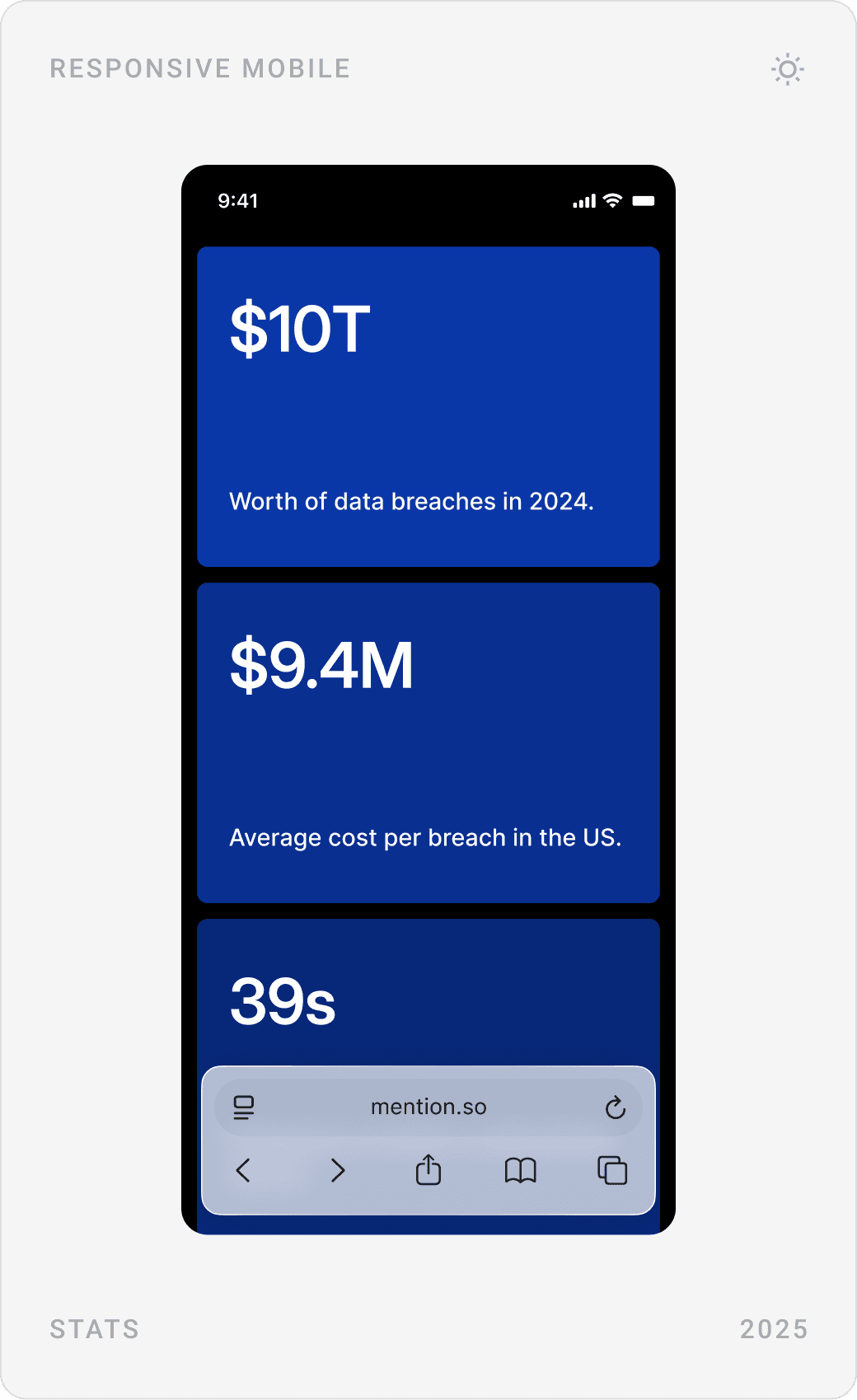 Mobile ratings list, encryption statement, breach statistic cards and the “Built for critical infrastructure” section with a security badge