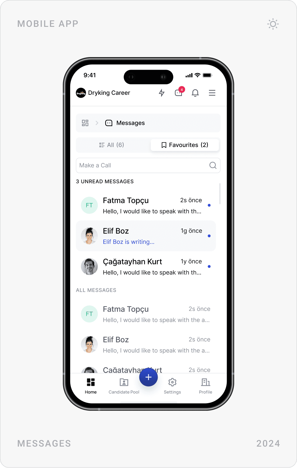 Mobile messages list with unread conversations, chat thread, and contact detail with education and department
