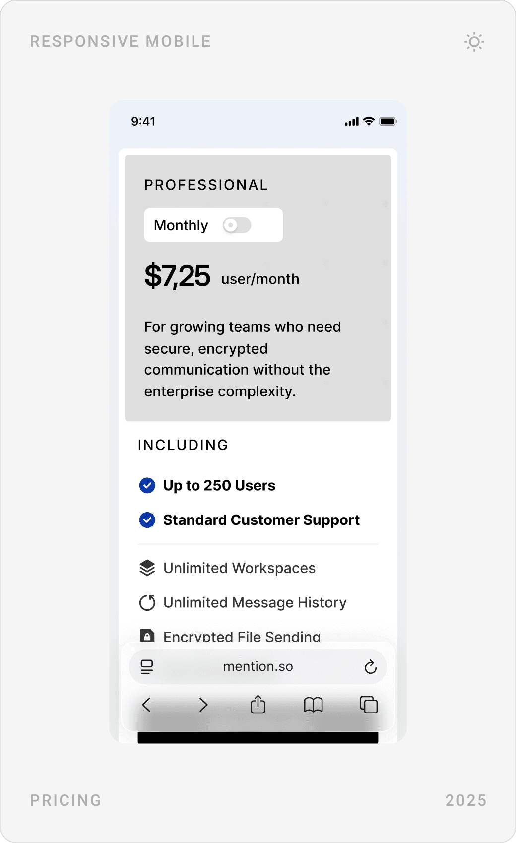 Mobile pricing: “Simple, Predictable, Enterprise-Ready.” intro, the Professional plan card and the Enterprise “Let’s Talk” card