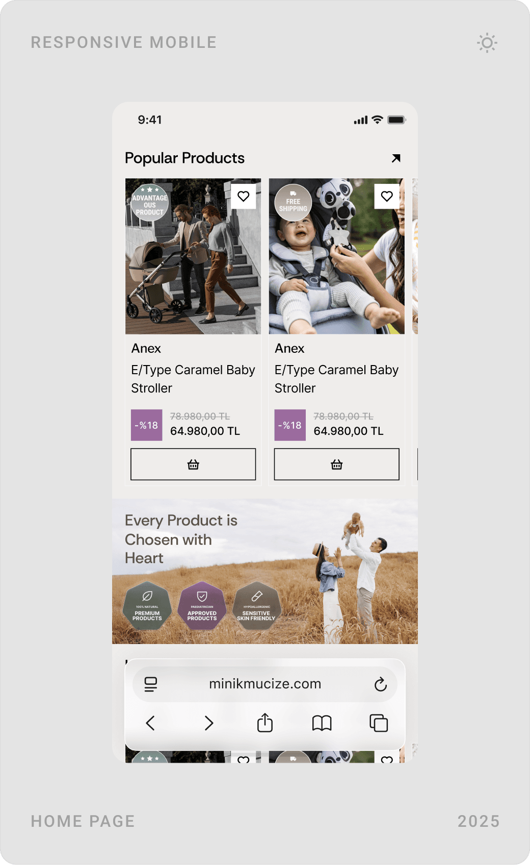 Mobile homepage screens: hero with search and categories, popular products, and unique offers with a countdown