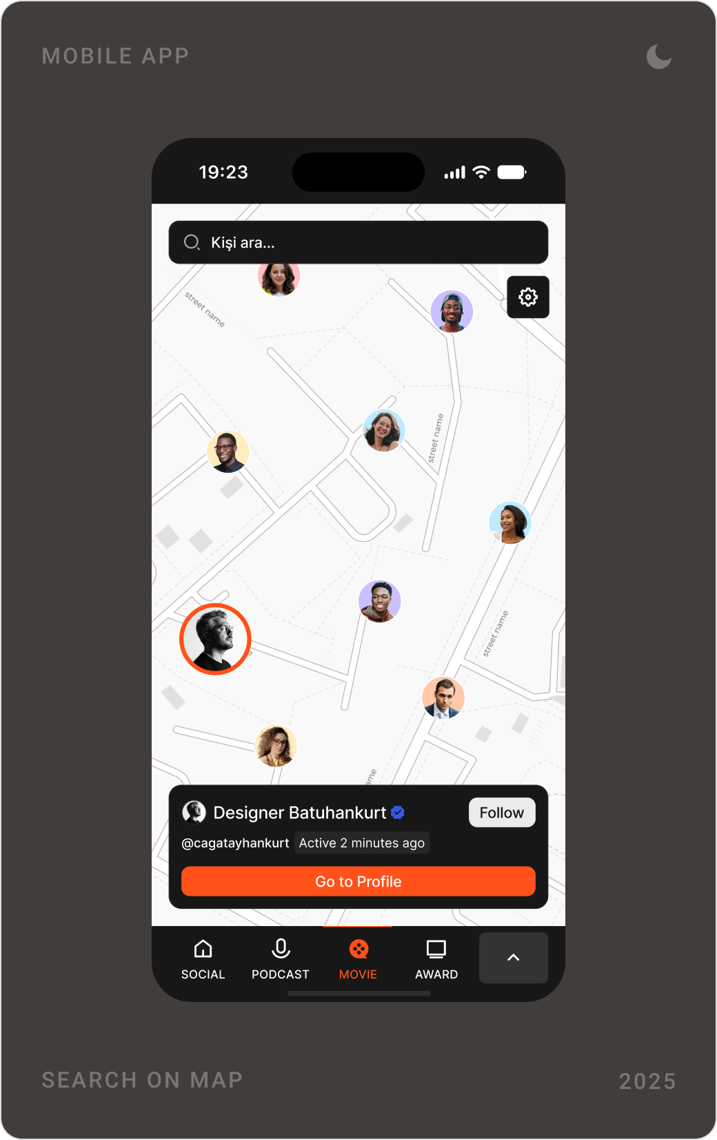 Dark mode search for posts as a photo grid, search for accounts with follow buttons, and a map of people nearby