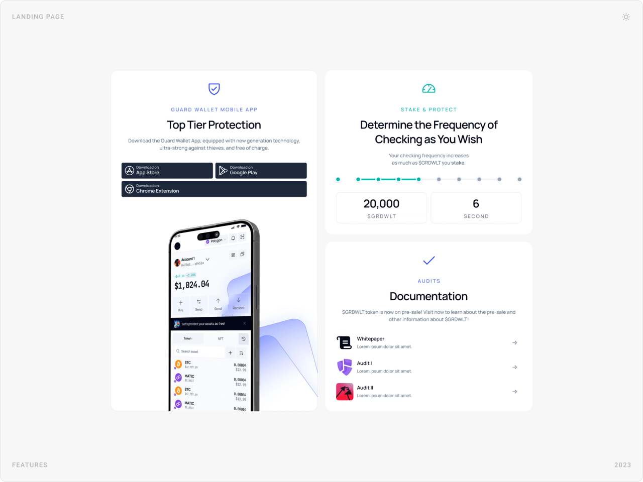 Feature cards: Top Tier Protection with download buttons, a staking slider to set checking frequency, and documentation with whitepaper and audits