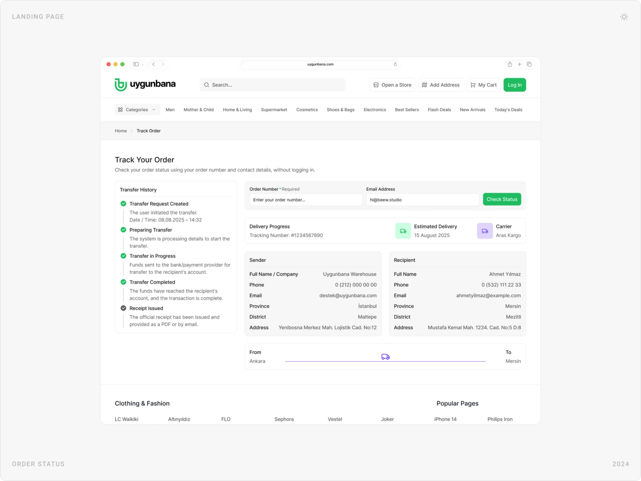 Track your order page with a status timeline, delivery details and sender and recipient information