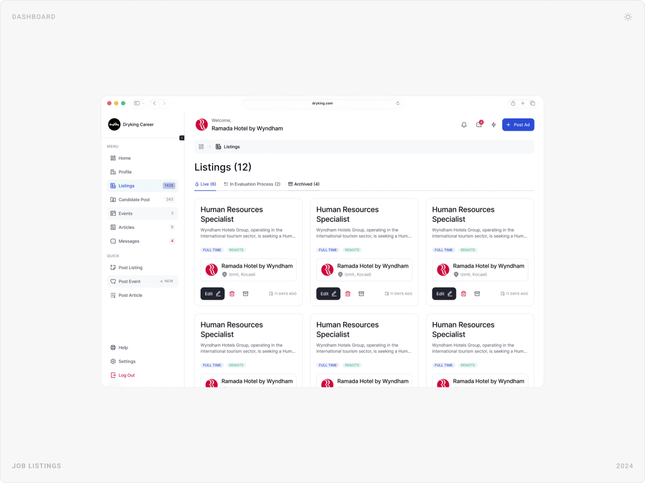 Listings page with Live, In Evaluation Process and Archived tabs and job cards with edit, delete and archive actions