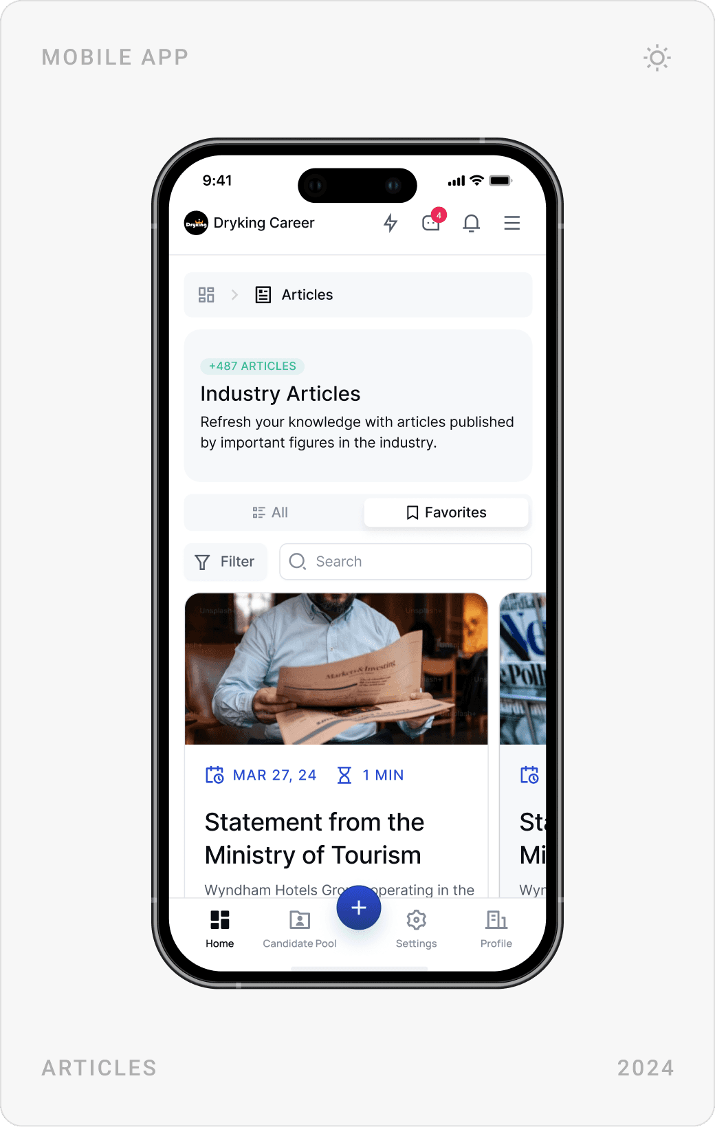 Mobile industry articles list, filter panel with profession, company, location and rating, and article detail page