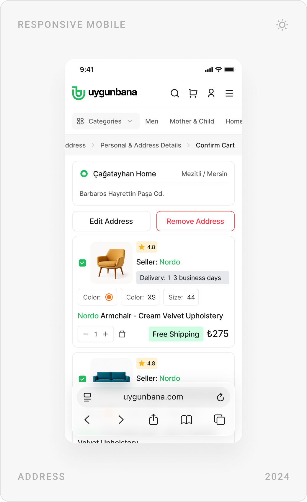 Mobile checkout: delivery address and card details, cart confirmation, and payment successful