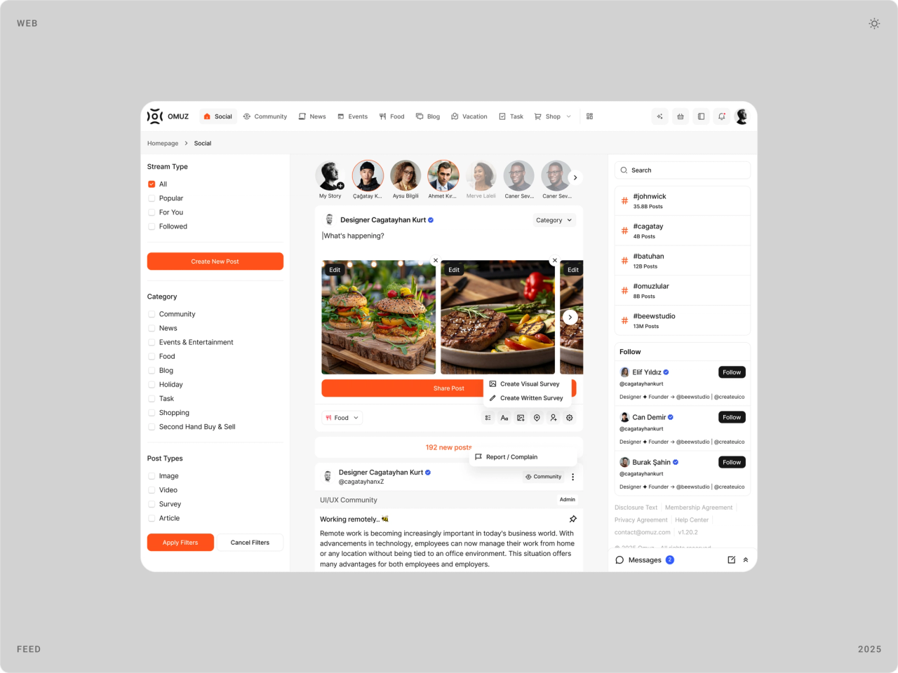 Omuz website feed with stream filters, a new post with photos, hashtags and suggested people to follow
