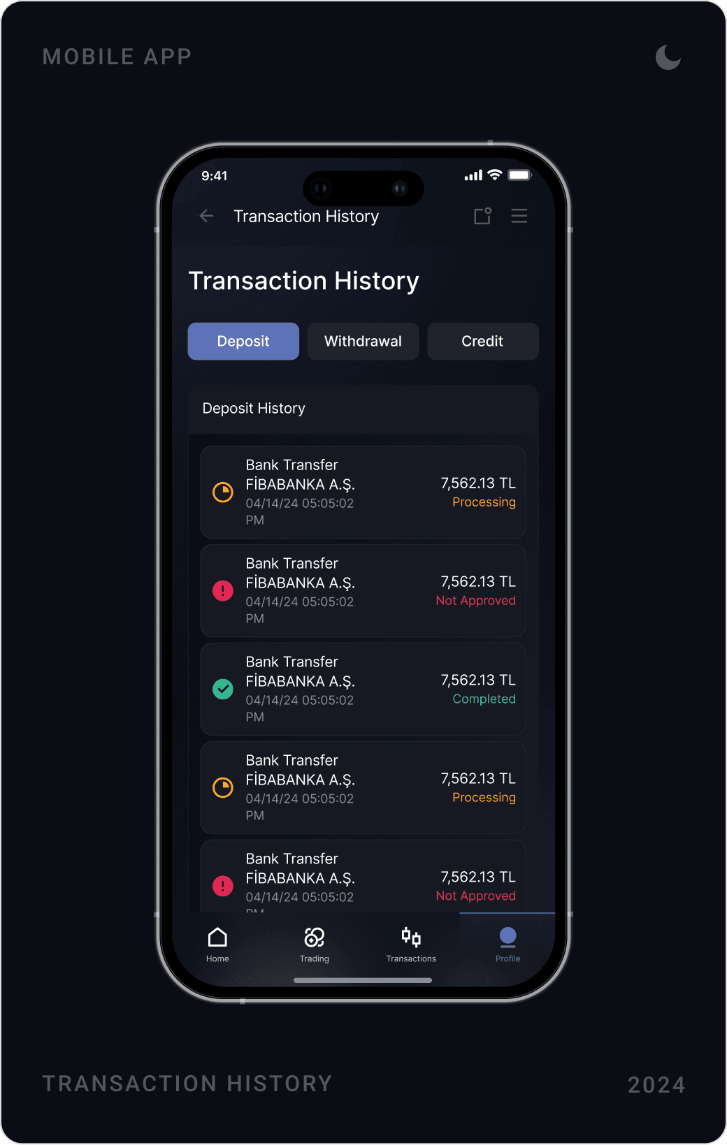 Dark automatic orders screen with market limit, stop loss and take profit, transaction history list, and withdrawal details