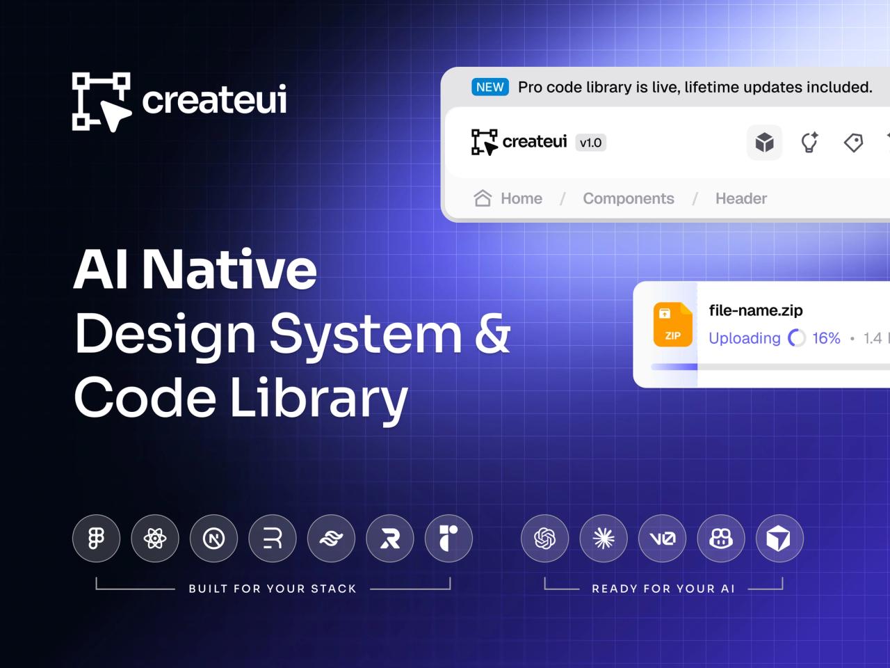 Create UI cover: “AI Native Design System & Code Library” with header and file upload components and stack and AI tool icons