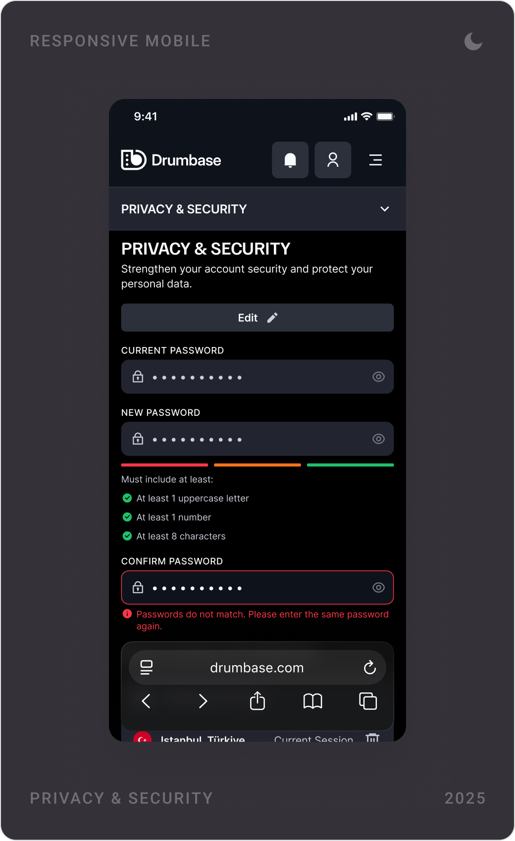 Dark mode mobile settings: account settings, privacy and security with password rules, and notification settings