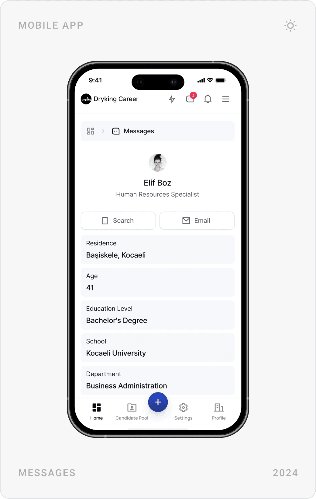Mobile messages list with unread conversations, chat thread, and contact detail with education and department