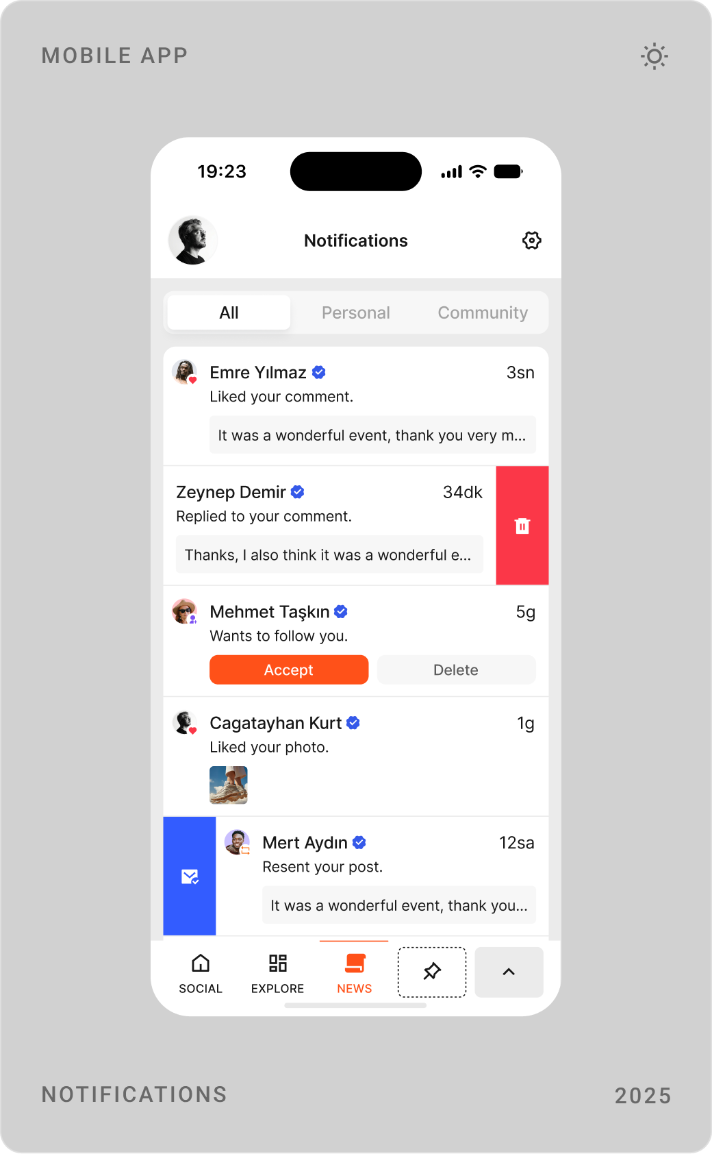 Notifications screen, agenda as a list of concerts, and agenda as a day calendar