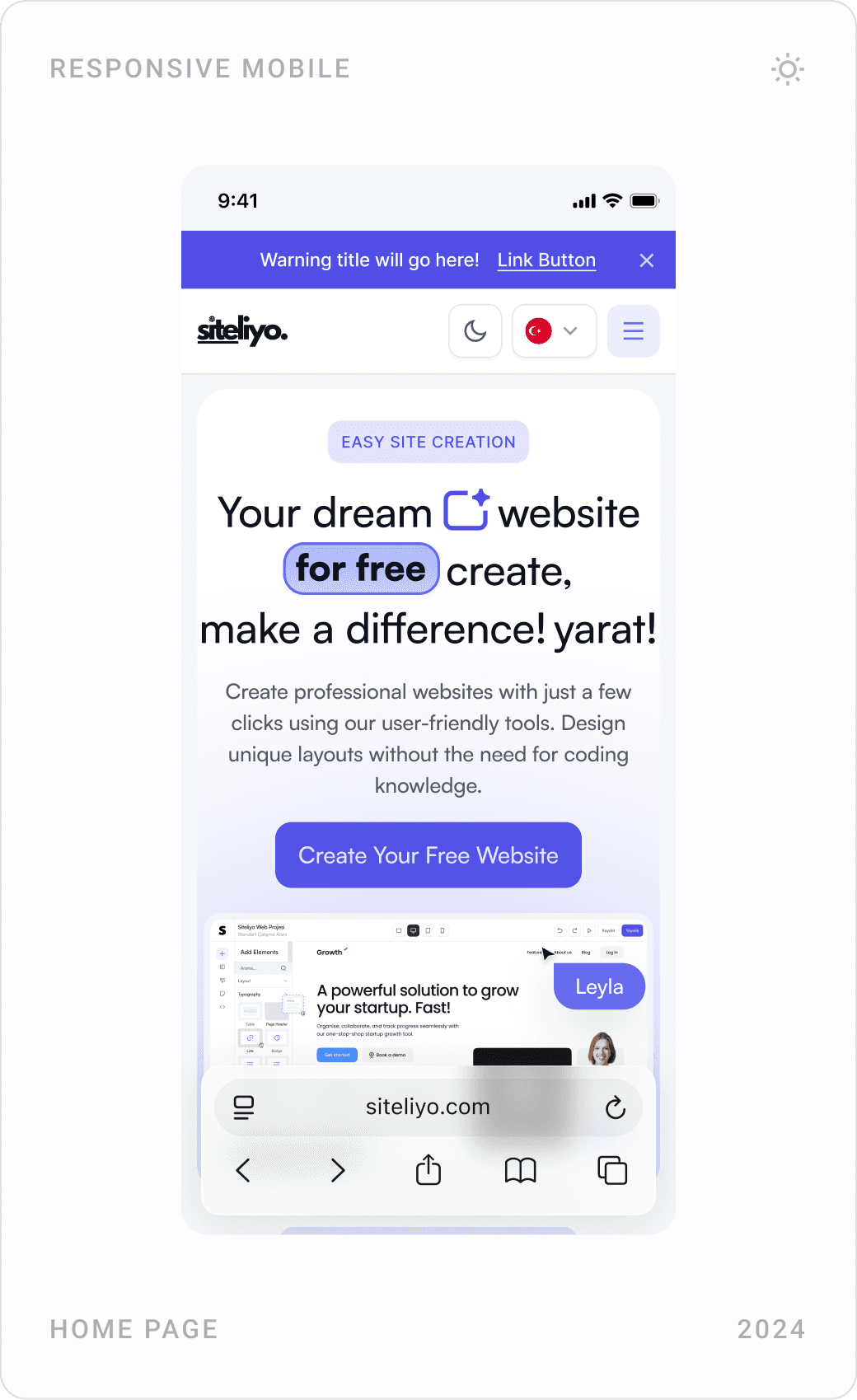 Mobile homepage screens: hero, the drag-and-drop website editor feature and an SEO optimisation score gauge