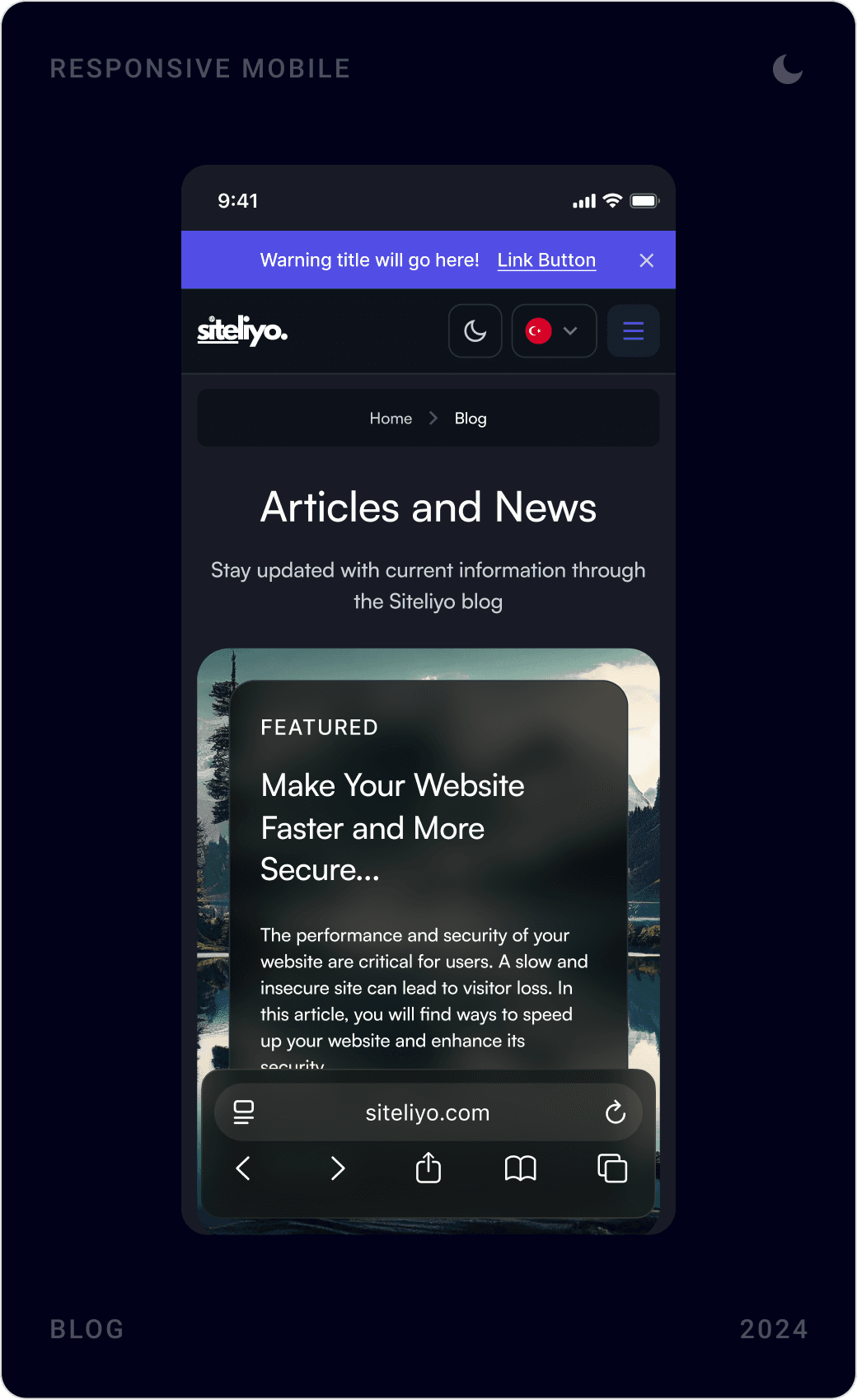 Mobile dark blog index, an article titled “Ways to Make Your Website Faster and More Secure” and the footer