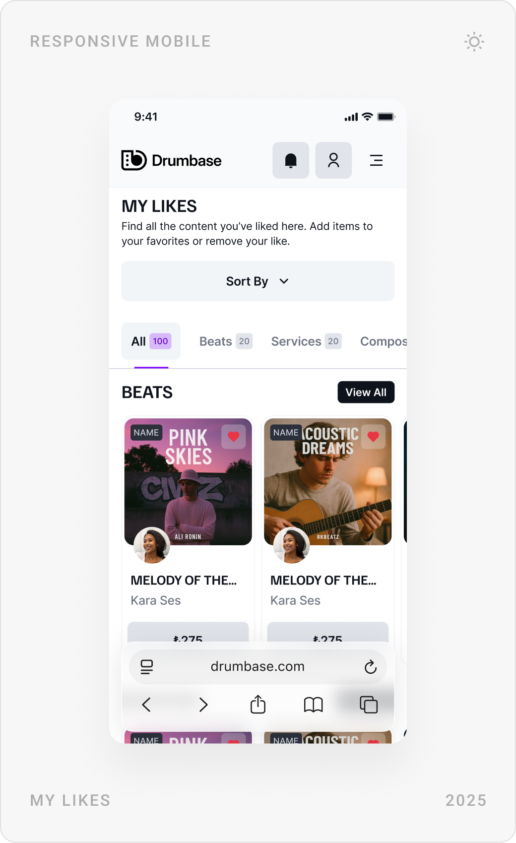 Mobile screens: My Likes with beats, a negotiation with a 25% countdown, and listening history with license prices