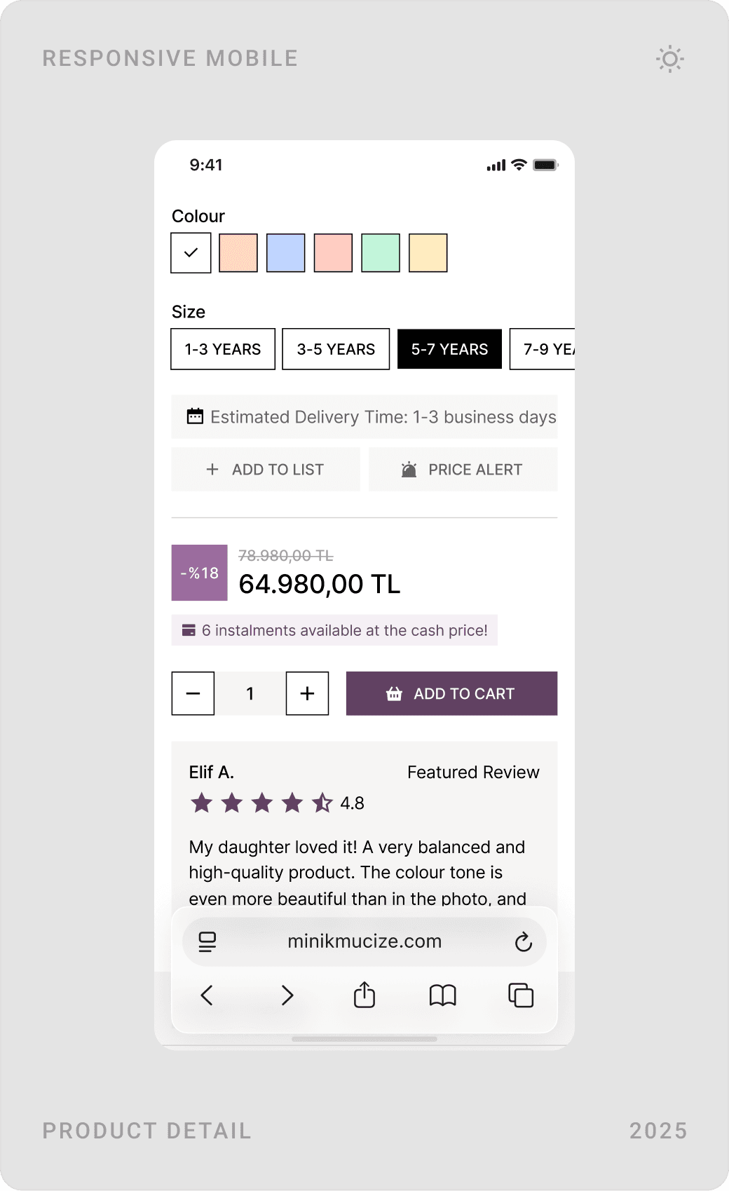 Mobile product detail: product image, colour and size selection with price and add to cart, and product features
