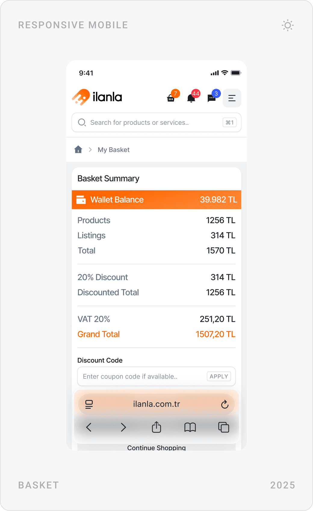 Mobile Add Advertisement steps with category selection, basket summary with discount and VAT, and My Cart with balance and items