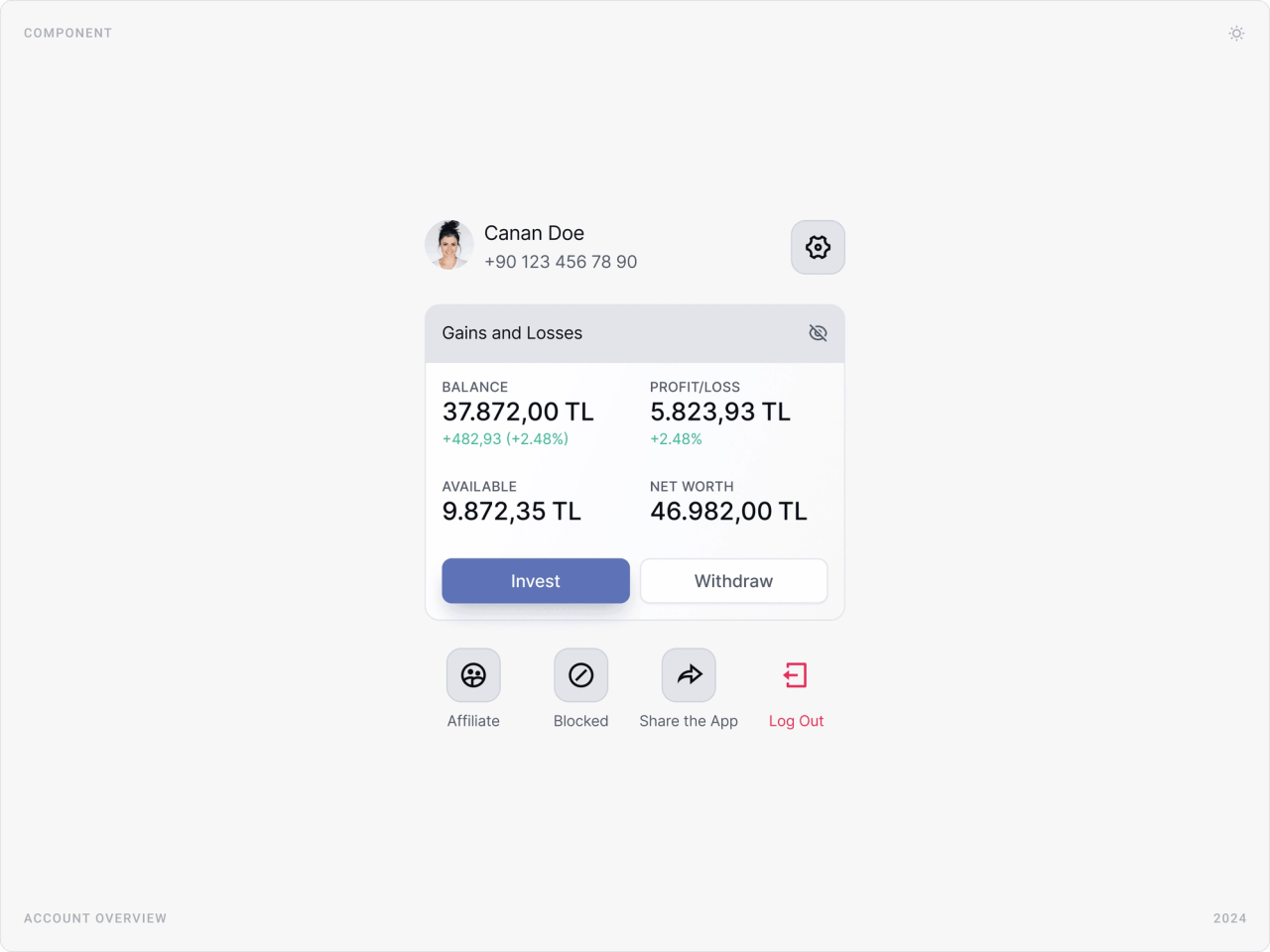 Account overview card with balance, profit/loss, available and net worth, Invest and Withdraw buttons and shortcuts