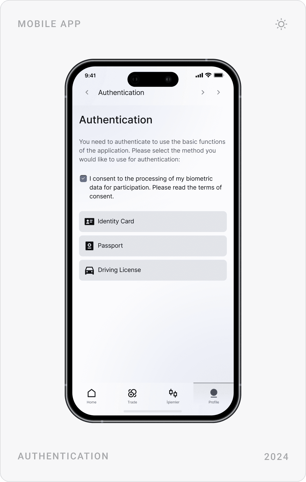 Light edit profile with membership information, update password form, and authentication with ID card, passport or driving licence