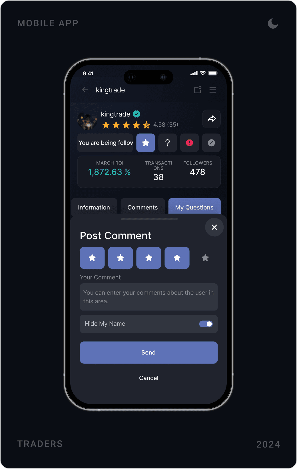 Dark trader profile with rating, followers and position baskets, the trader’s transaction history, and a post comment sheet with star rating