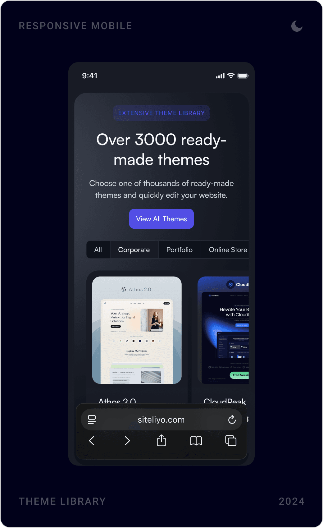 Mobile dark mode screens: theme library, fully mobile-compatible designs feature and the pricing section