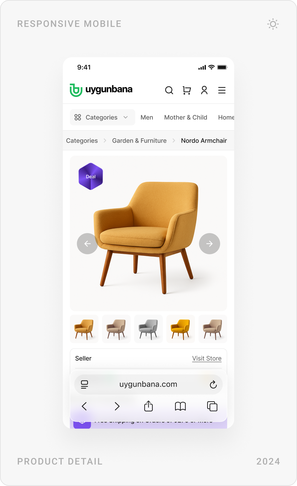 Mobile product reviews with ratings, the product gallery with seller, and colour, size and price options