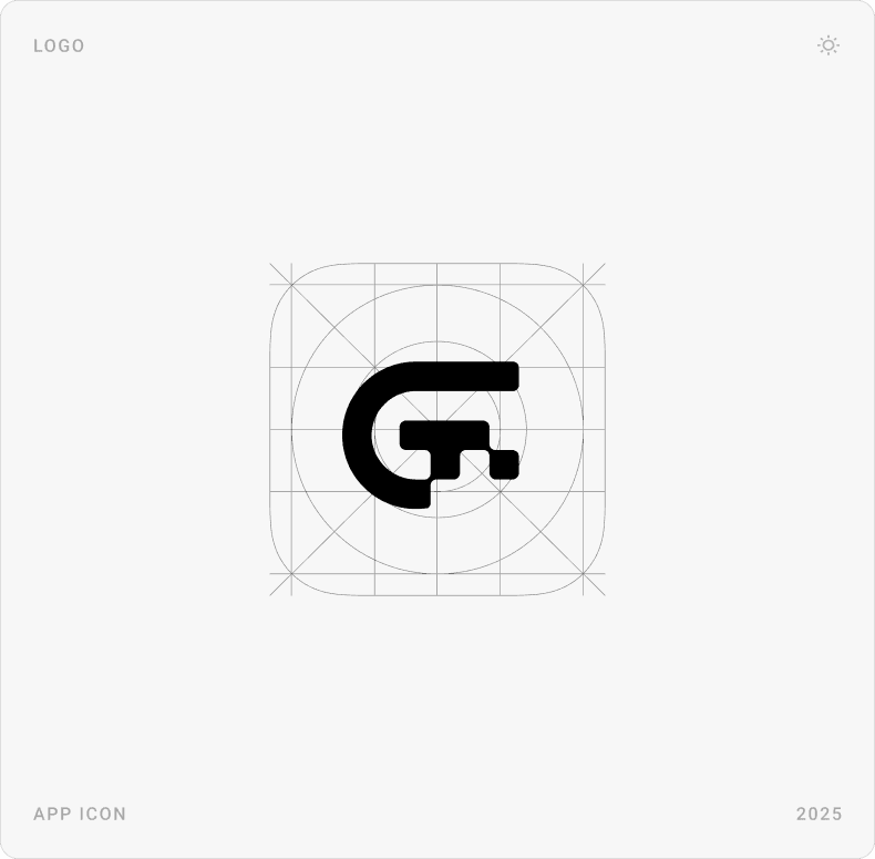 Gigcep app icon with a purple gradient G, next to the logo construction on an icon grid