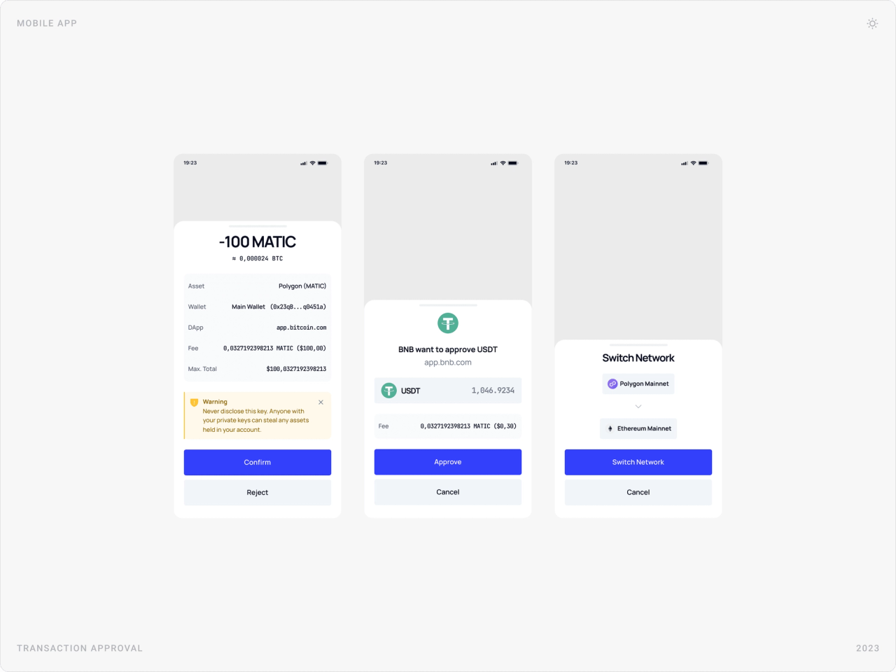 Transaction approval sheets: sending 100 MATIC with a warning, a dapp request to approve USDT, and a Switch Network request