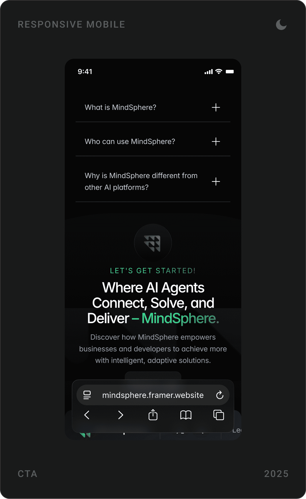 Mobile “Get MindSphere Token” section with 3D logo, FAQ with topic tabs, and closing call to action